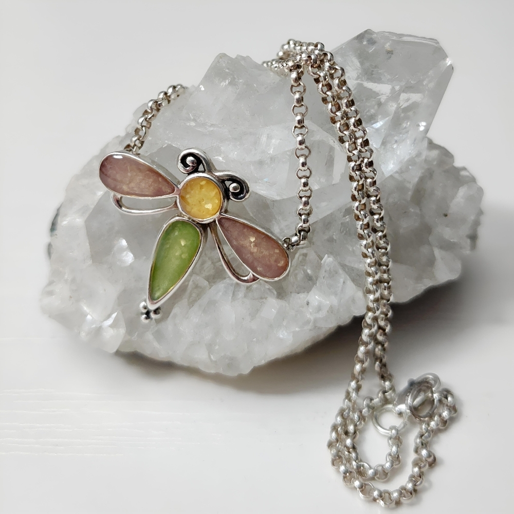 Vintage Relios Carolyn Pollack Sterling Silver Resin Dragonfly Pendant Necklace